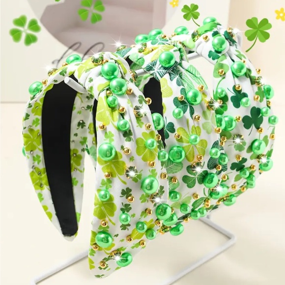 Green & Gold Beaded Light Green Shamrock Headband - Picture 2 of 5
